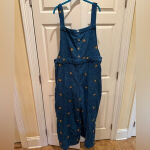 NWT 4xl plus Cider overalls in teal corduroy with orange/tan floral embroidery
